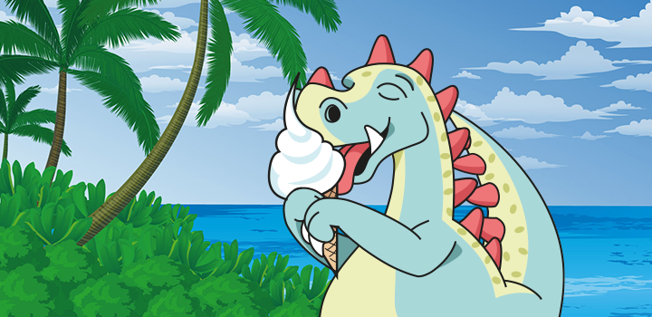 Drake äter glass vid en tropisk strand